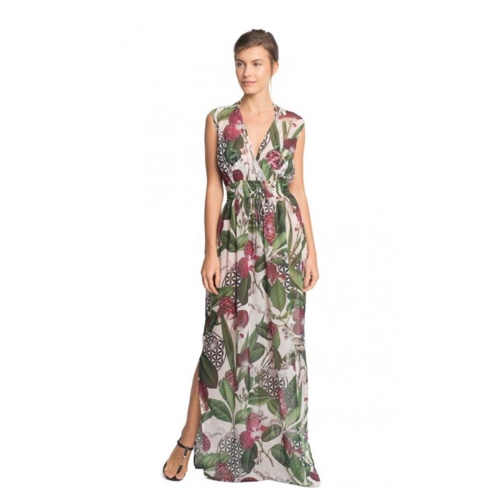 Floral V-Neck Maxi Dress in Green & Pink